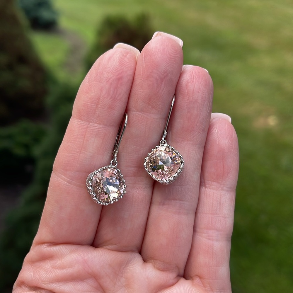 Sterling Silver & Pink Crystal Like Stone Leverback Earrings